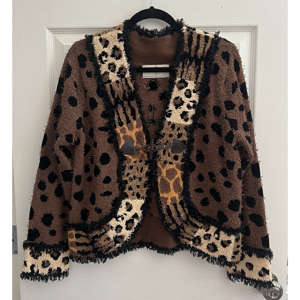 DESIGN OPTIONS BY PHILIP & JANE GORDON Fringe Terry Leopard Sweater Cardigan